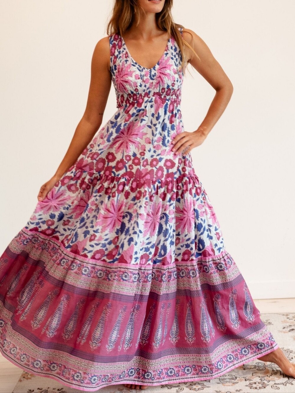 NWT Mille Carolina Fiji Bohemian Pink Floral Maxi Dress